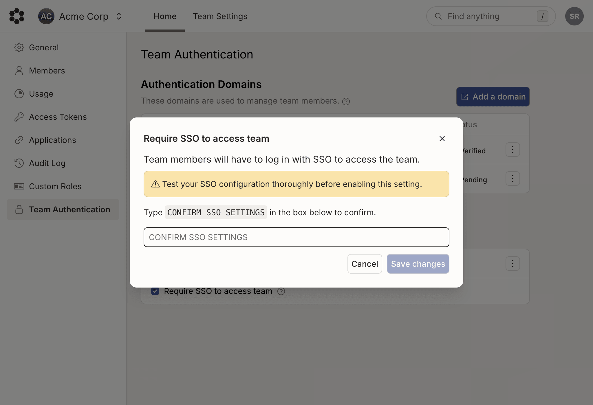 The confirmation dialog for requiring SSO to access the team