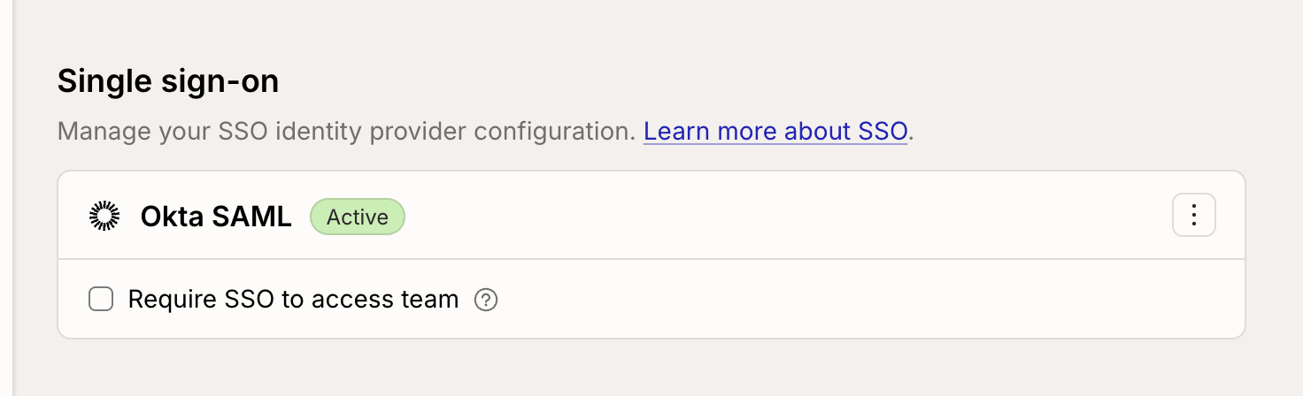 The Single sign-on section with an active Okta SAML connection