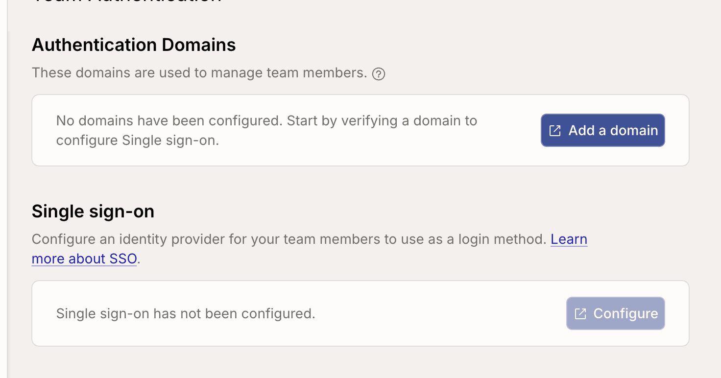 The Authentication Domains and Single sign-on sections before anything is configured