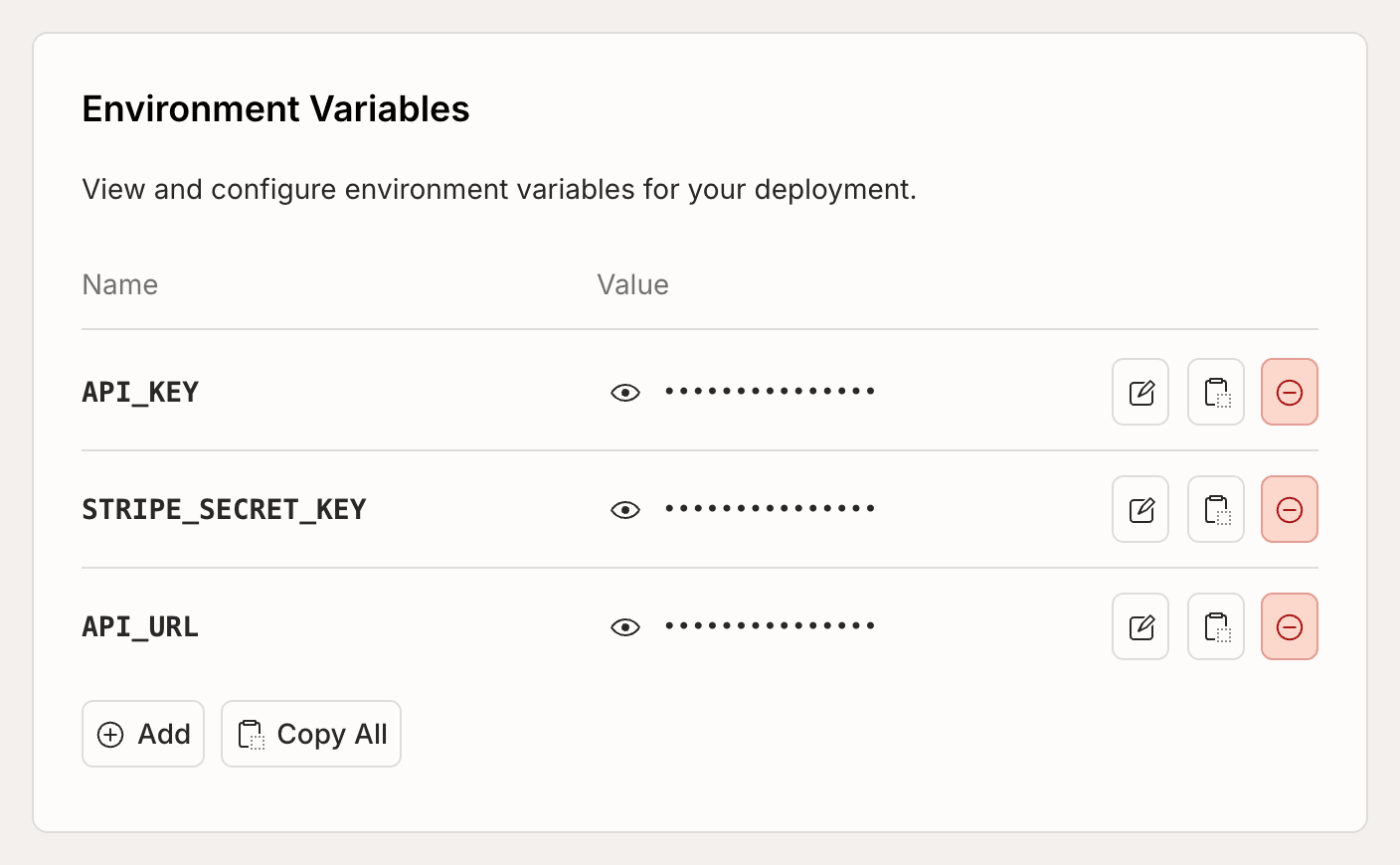Environment variables table