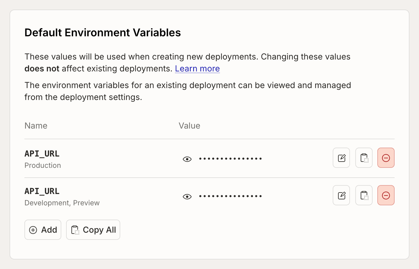 Project default environment variables