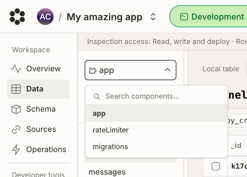 Screenshot of the component dropdown