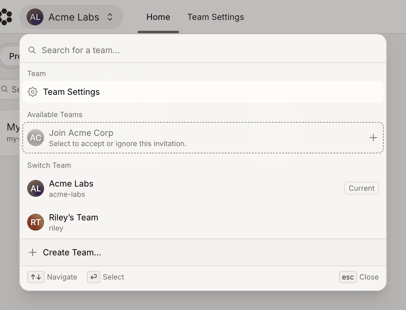 A directory-synced team offered as an invitation in the team switcher