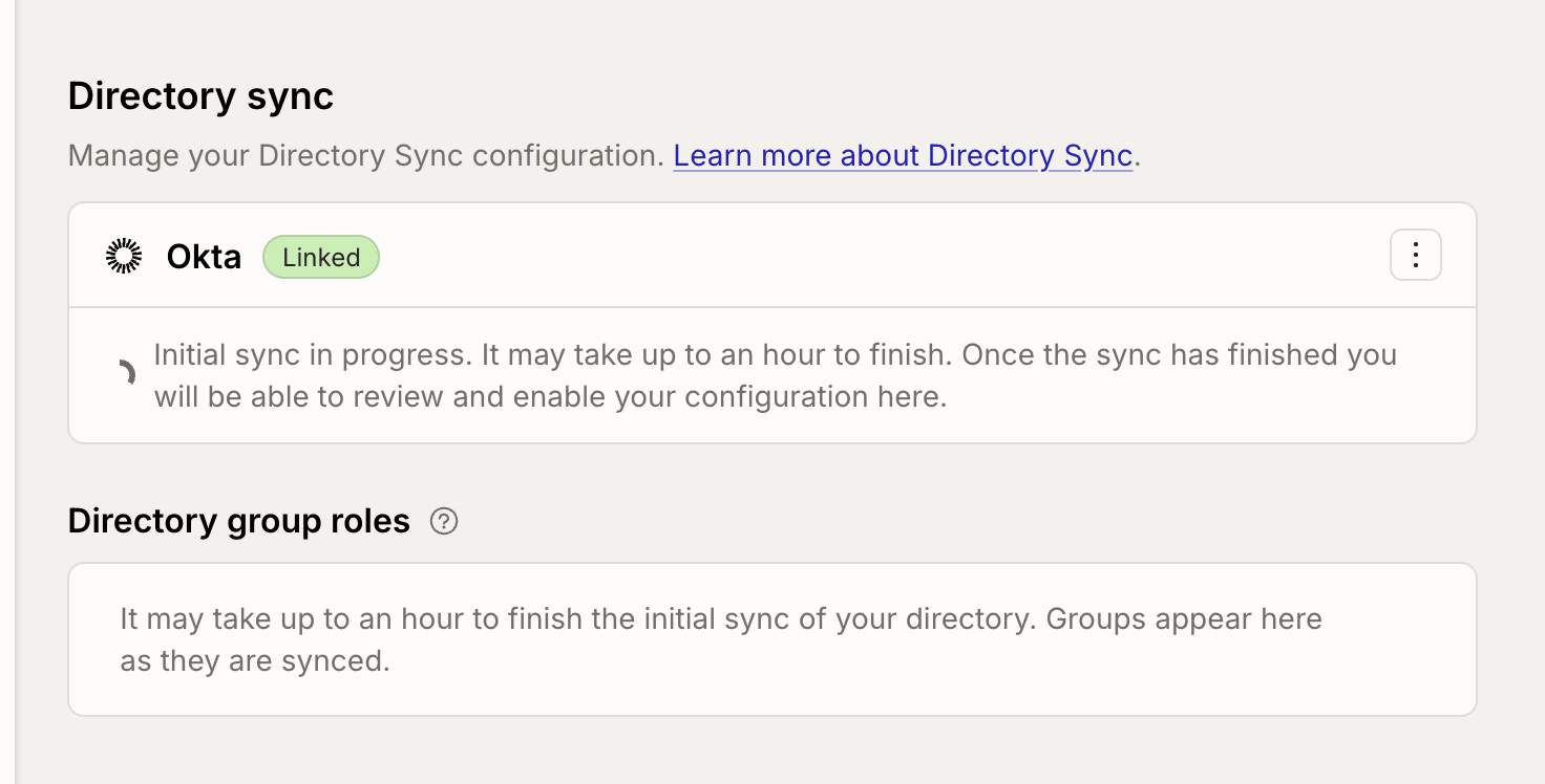 The Directory Sync section during the initial sync, with no groups yet