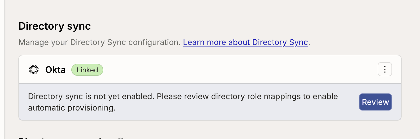 The Directory Sync section asking you to review role mappings before enabling