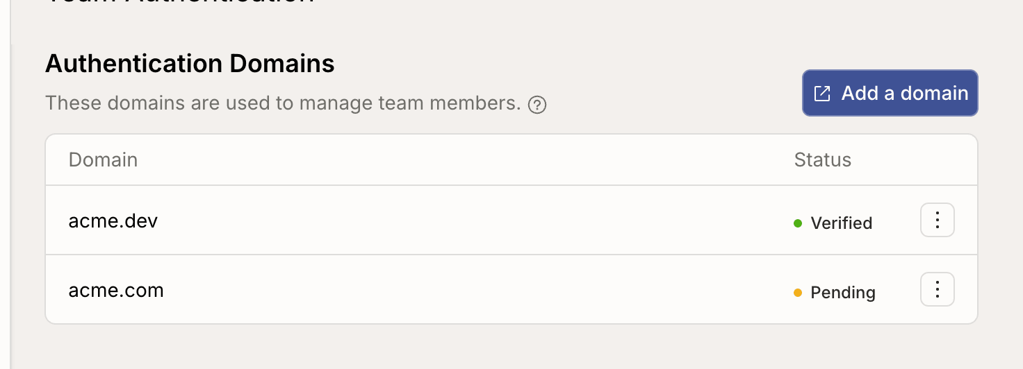 The Authentication Domains section listing a verified and a pending domain