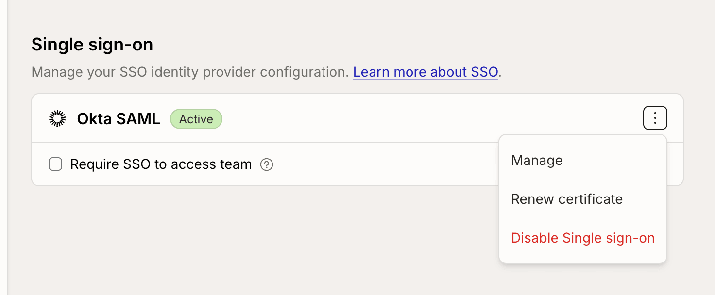 The connection menu with Manage, Renew certificate, and Disable Single sign-on