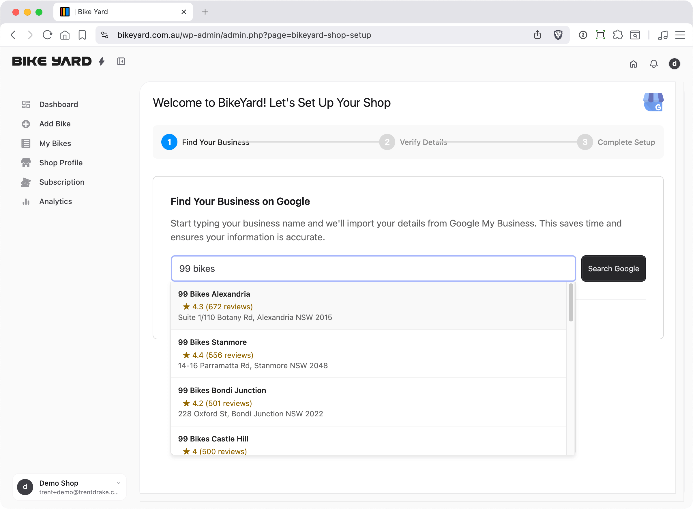 Import from Google My Business - search for your shop