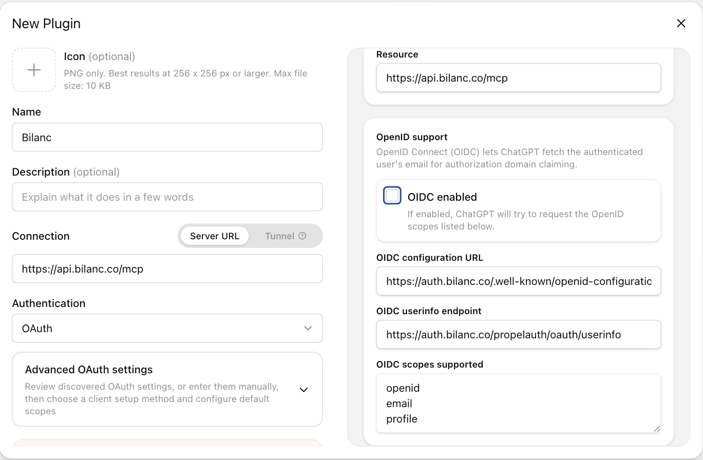 The ChatGPT New Plugin dialog with the Bilanc MCP server URL, OAuth authentication, and the OIDC enabled checkbox unticked