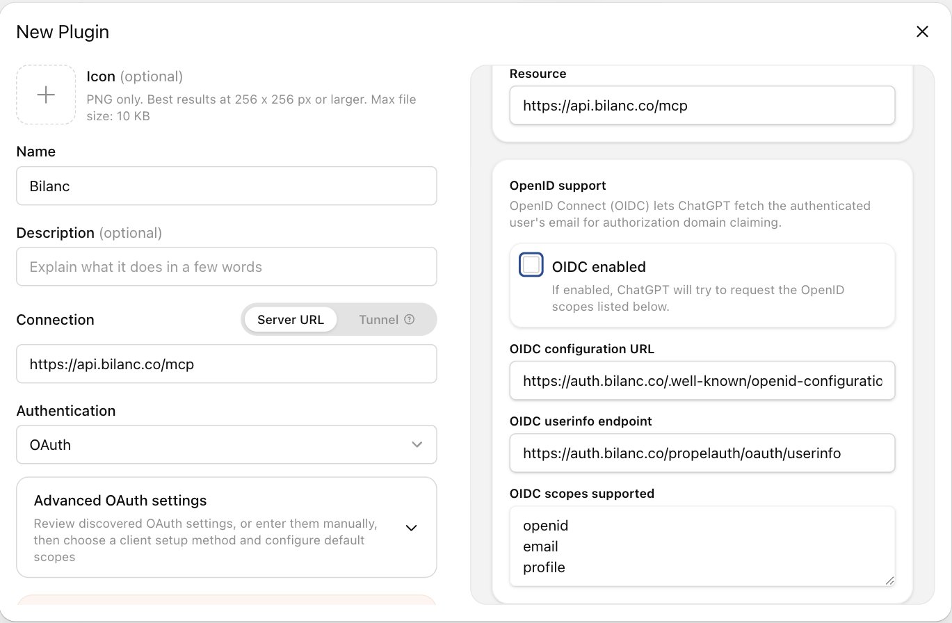 The ChatGPT New Plugin dialog with the Bilanc MCP server URL, OAuth authentication, and the OIDC enabled checkbox unticked