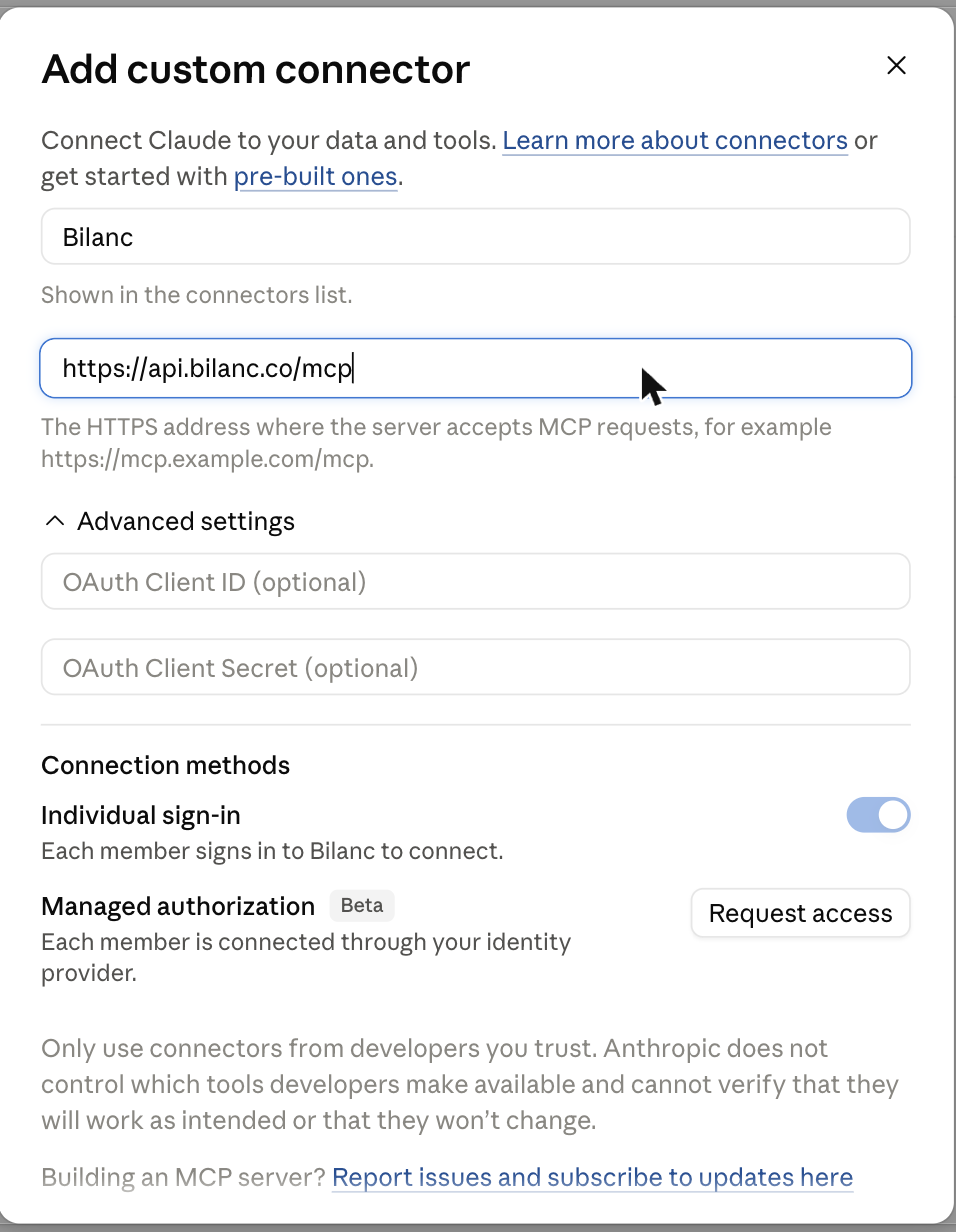 The Add custom connector dialog in claude.ai with the Bilanc MCP URL entered, empty OAuth client fields, and Individual sign-in enabled