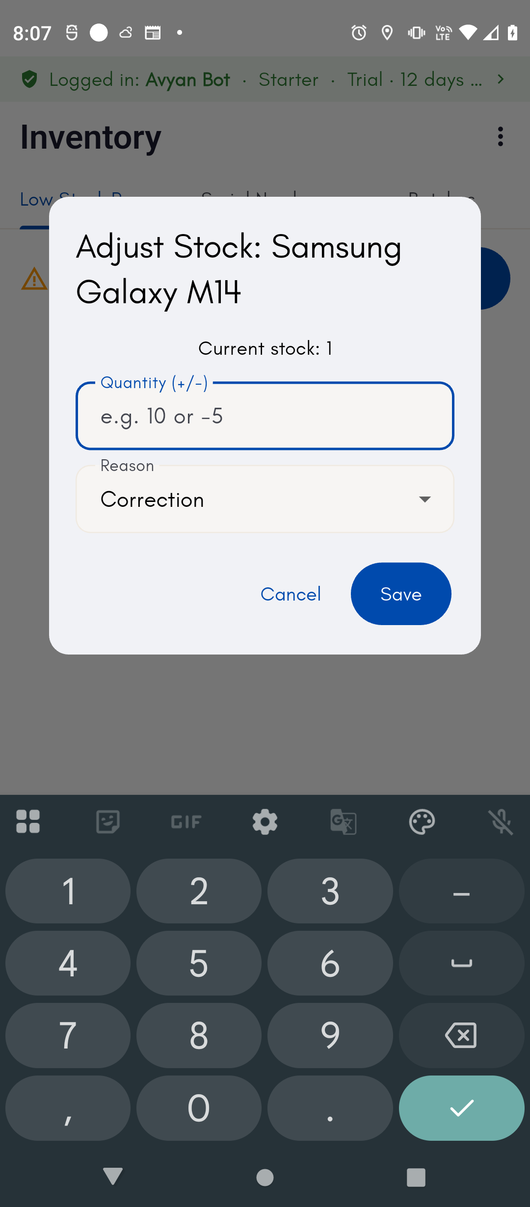 Adjust Stock dialog showing current stock, a signed quantity field, and a reason dropdown