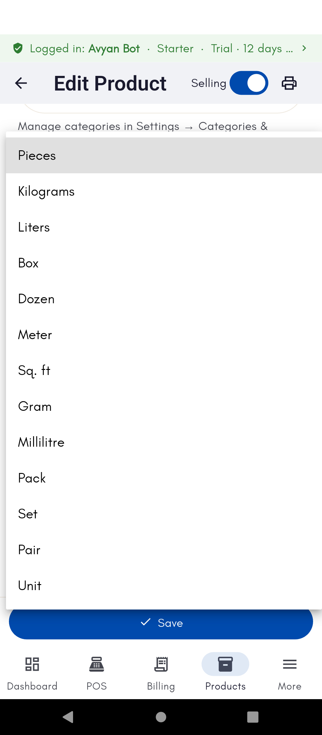 Unit of measure dropdown on a product form listing built-in units