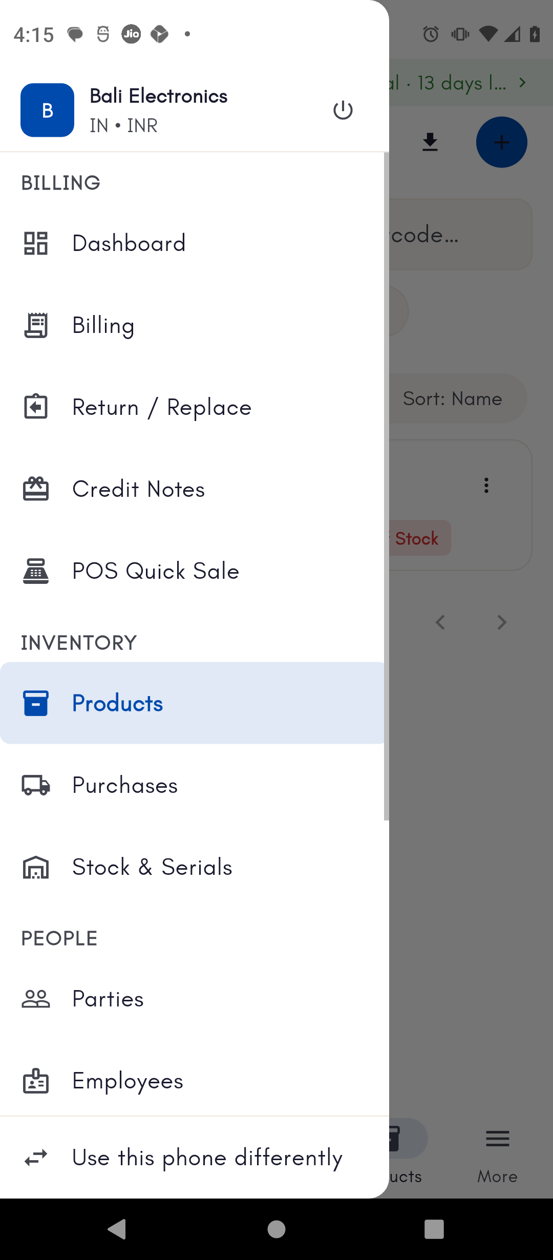 Bali Electronics store menu on Android