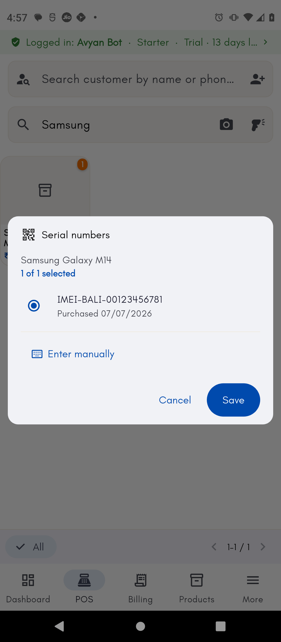 Picking an in-stock serial number while billing at POS