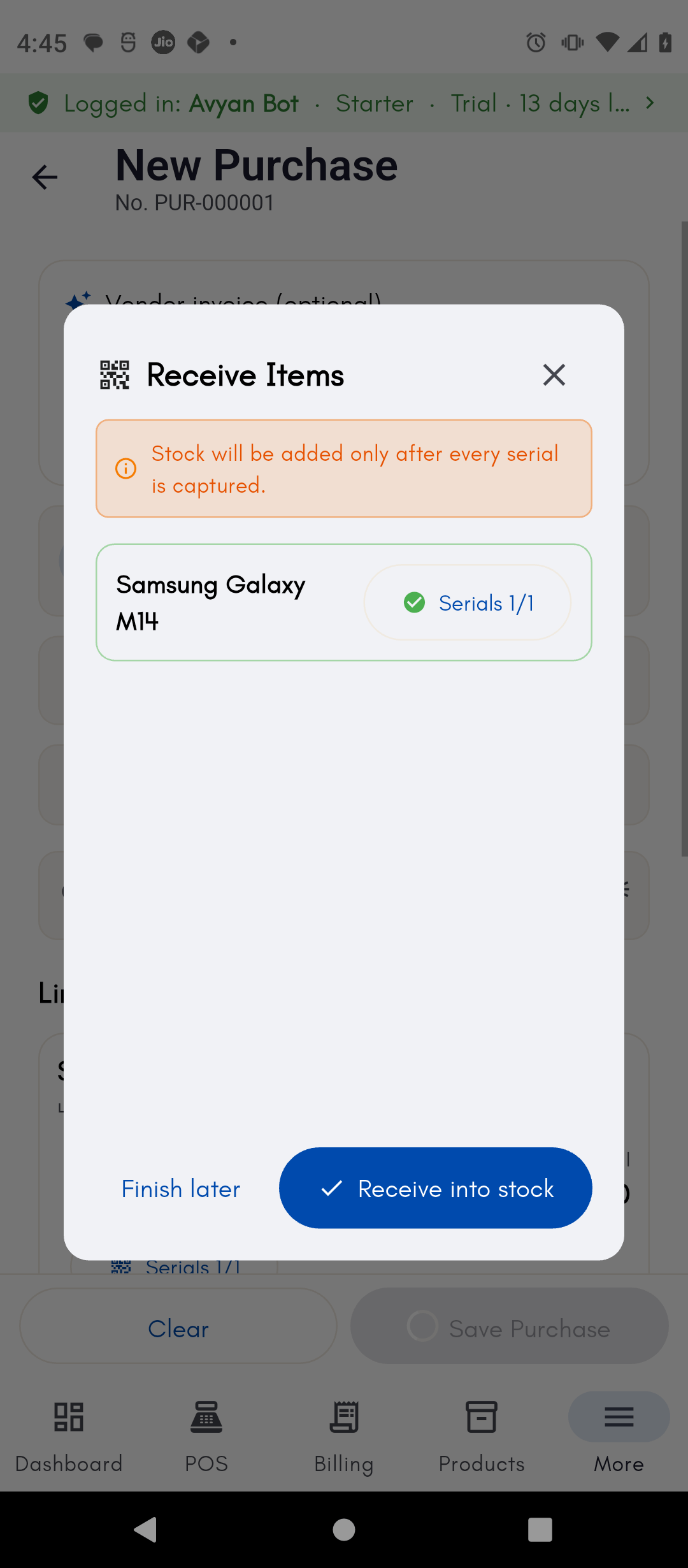 Receive Items screen confirming all serials captured before stock is added
