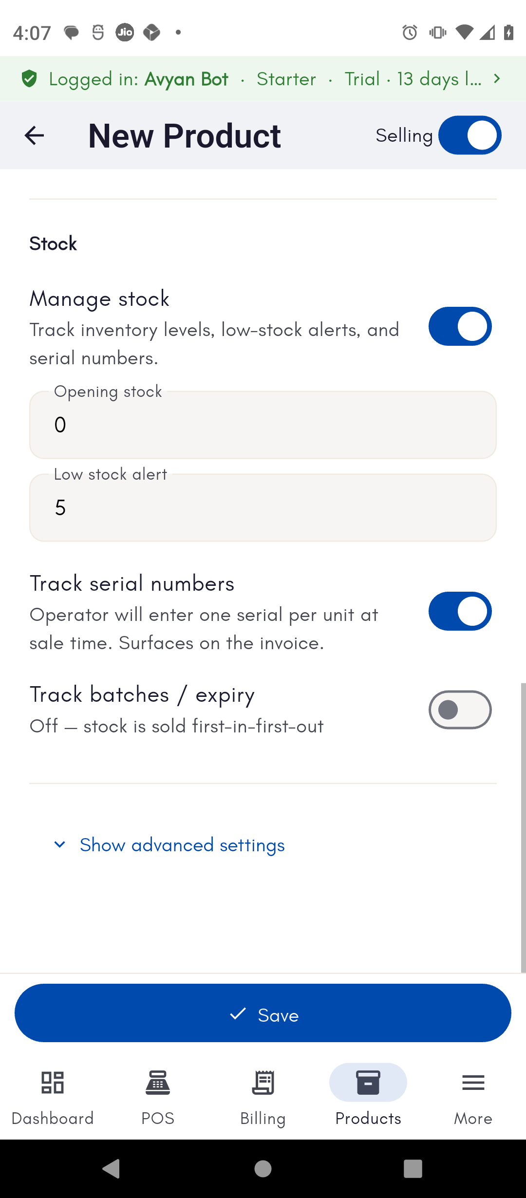 Track Serial Numbers toggle turned on for a product