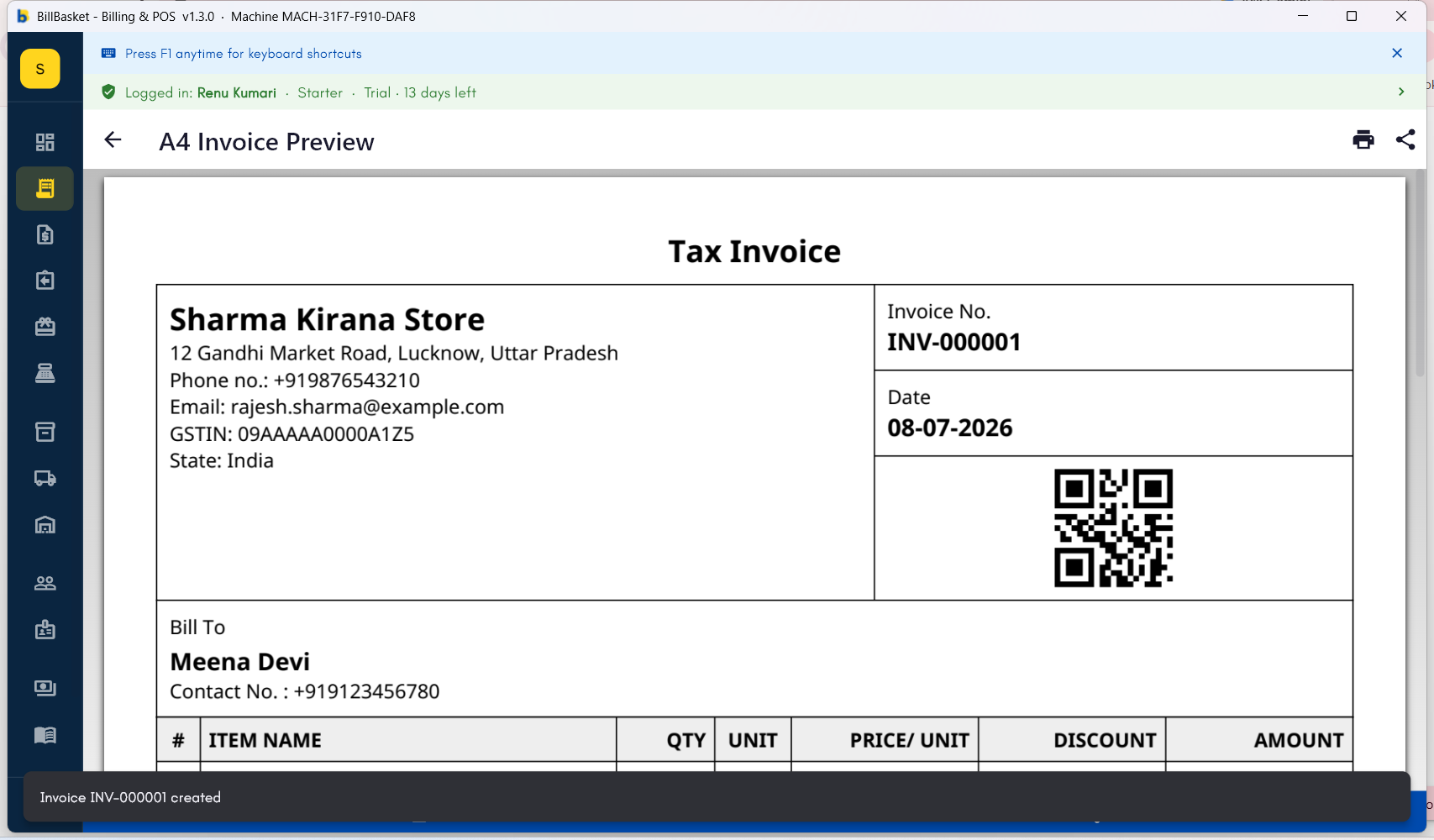 A4 Invoice Preview showing store details, invoice number, QR code, and customer