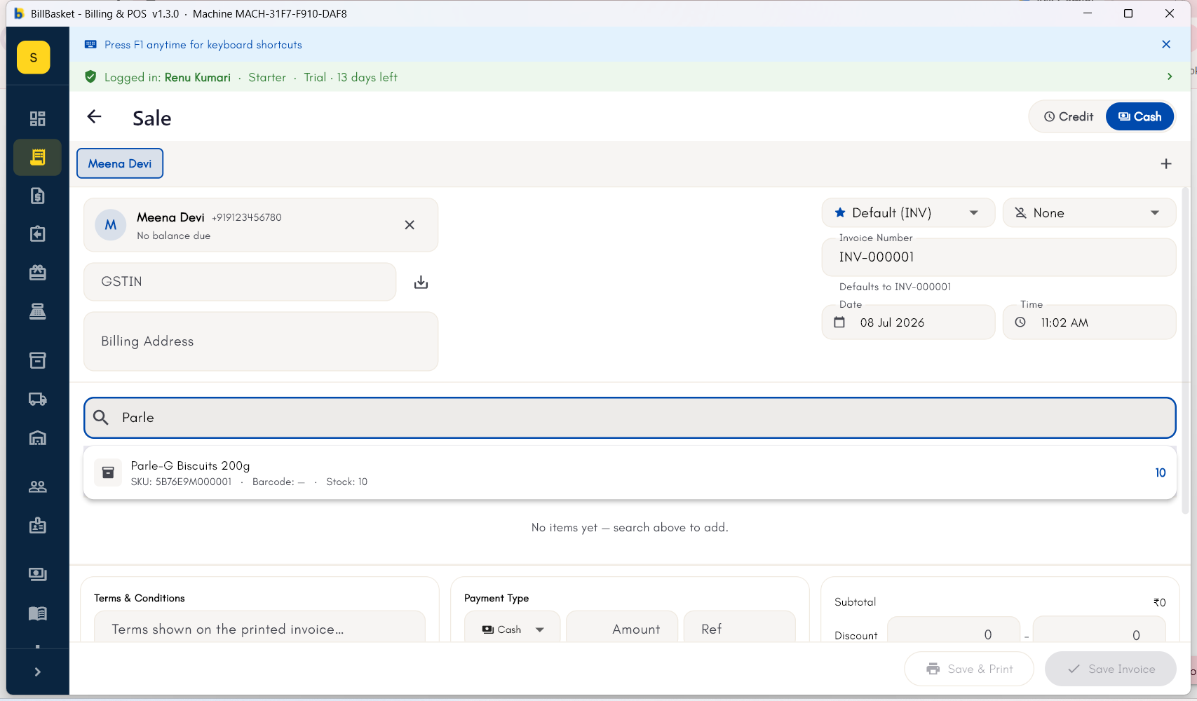 Product search dropdown showing a matching product with its current stock count
