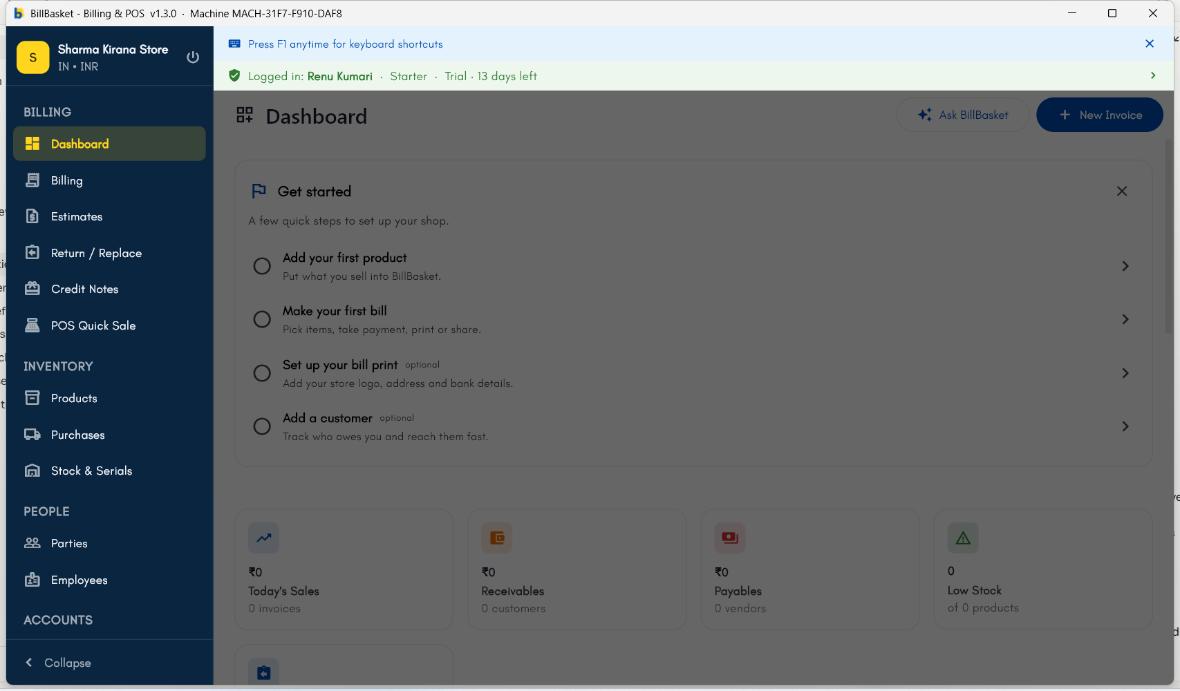 Empty dashboard for a brand-new store, showing the Get started checklist