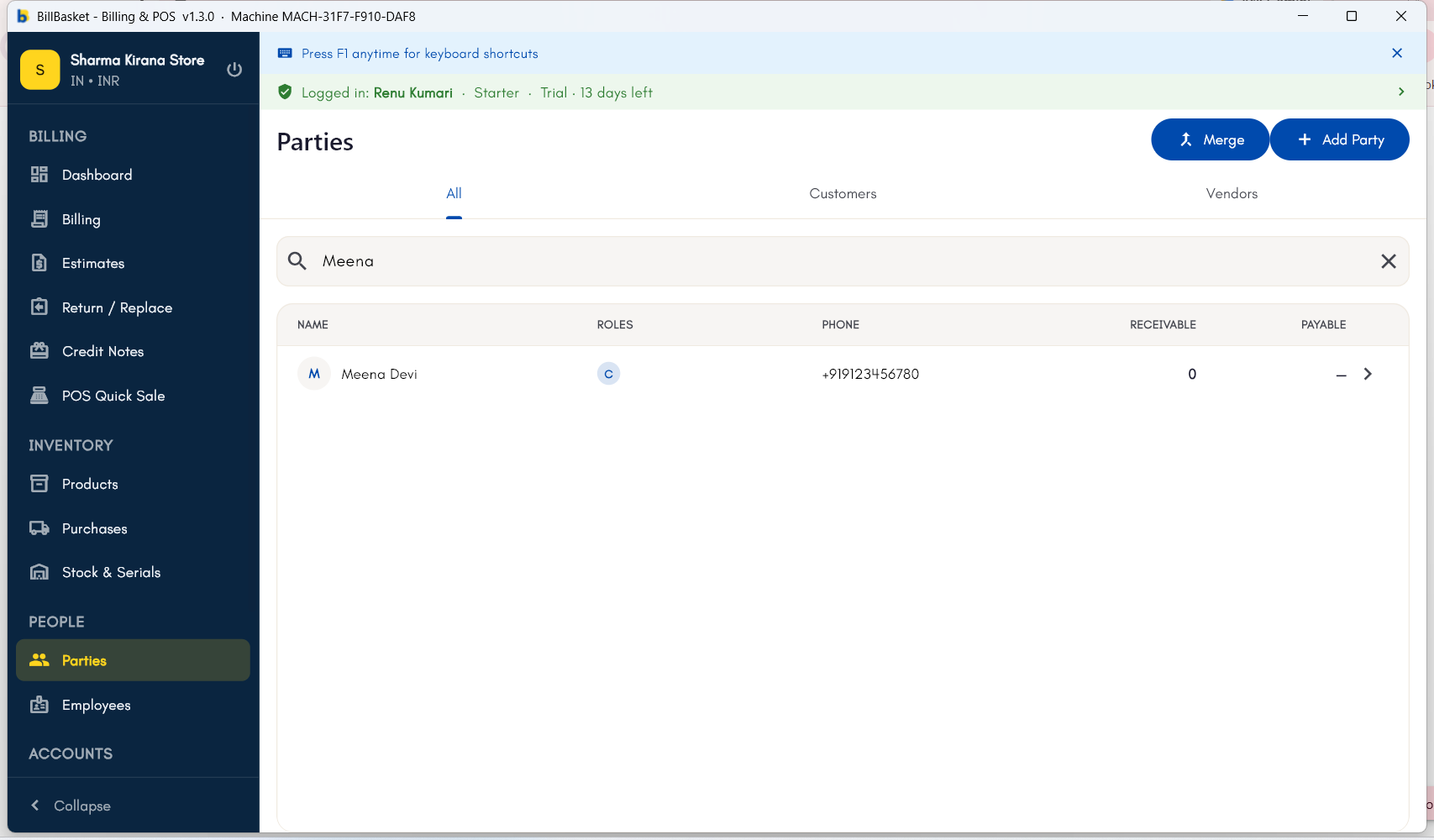 Parties list showing the newly saved customer with a Customer role chip