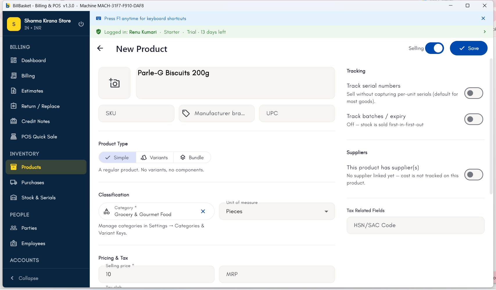 New Product form filled in with name, category, unit of measure, and selling price