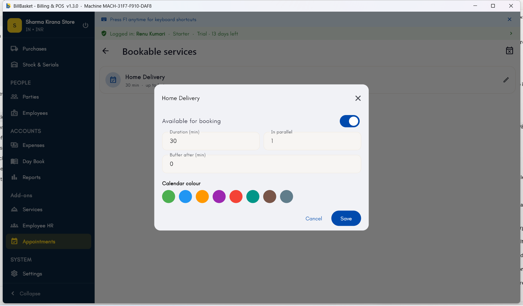 Bookable service settings showing duration, parallel capacity, buffer, and calendar colour