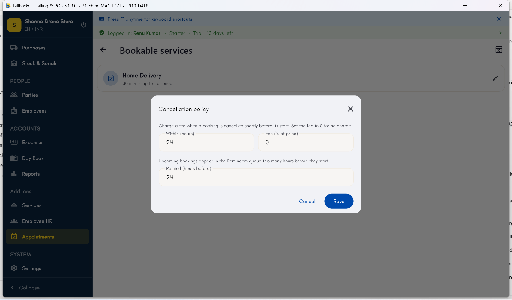 Cancellation policy editor with cancellation window, fee percentage, and reminder timing