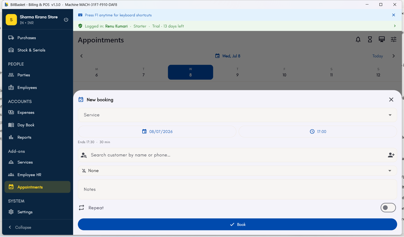 New booking form with a service selected and start/end time calculated automatically
