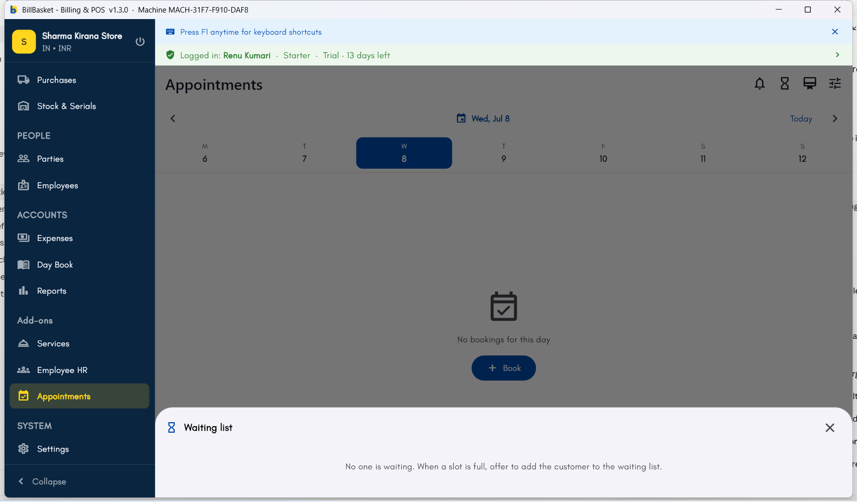 Waiting list panel for appointments with no slot available