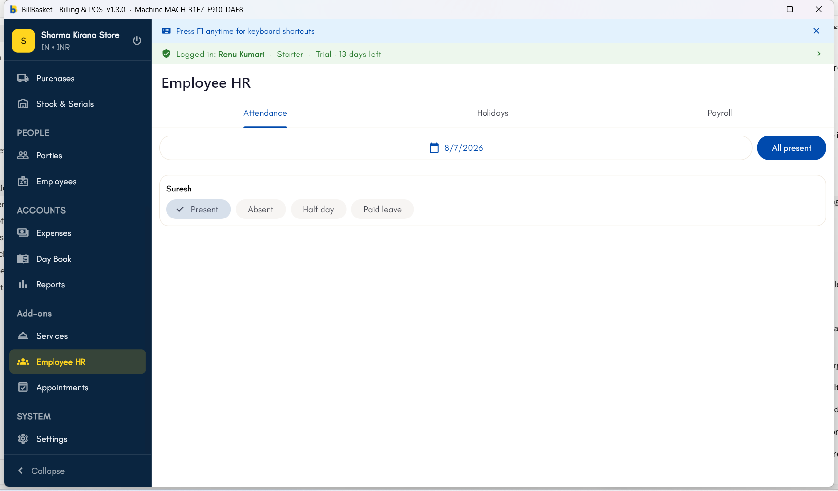 Employee HR Attendance tab with an employee marked Present for today