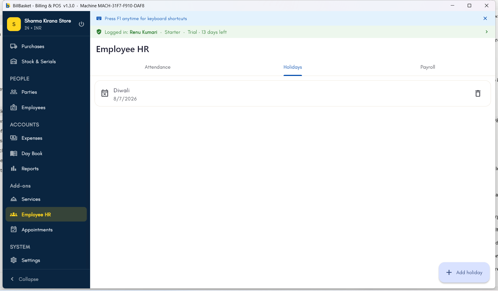 Employee HR Holidays tab showing a saved holiday with its date