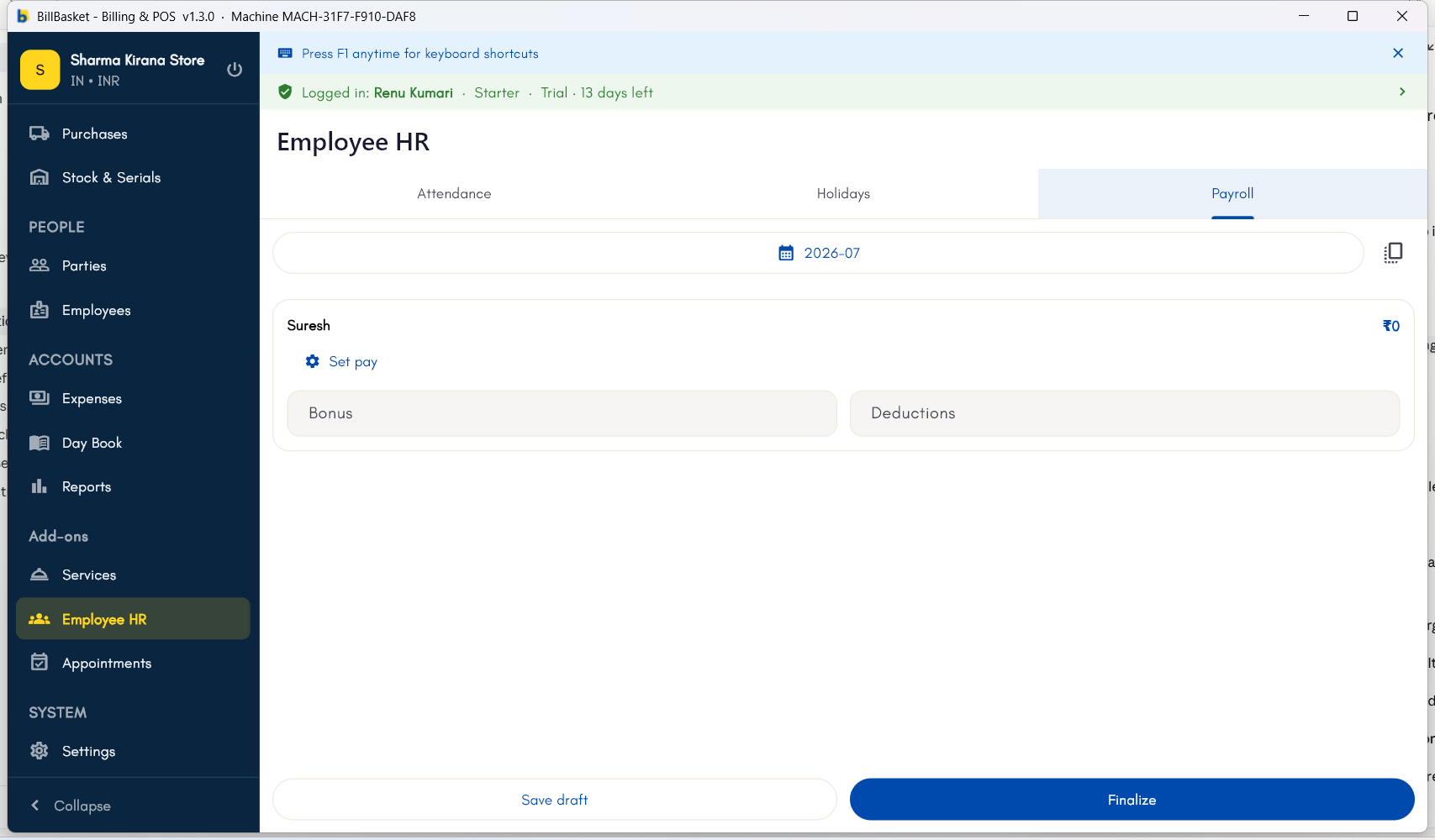 Employee HR Payroll tab with Set pay, Bonus, and Deductions fields for an employee