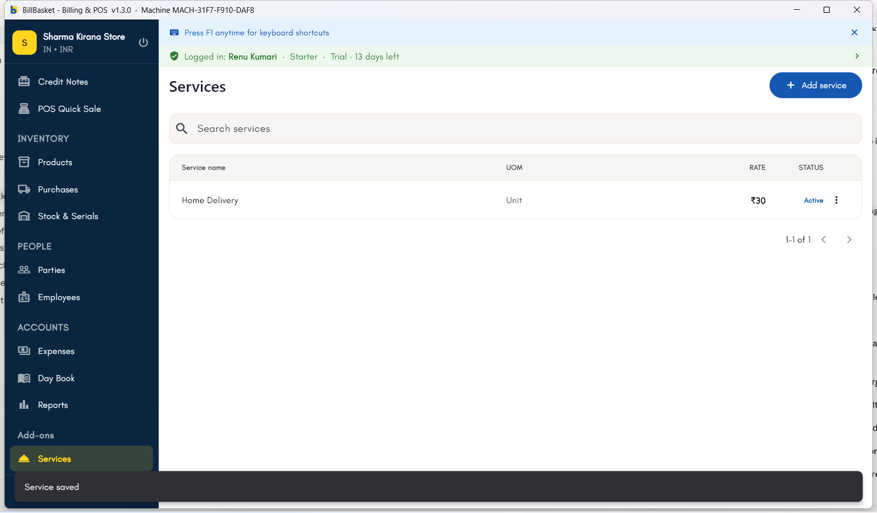 Services list showing a newly saved service with UOM, rate, and Active status