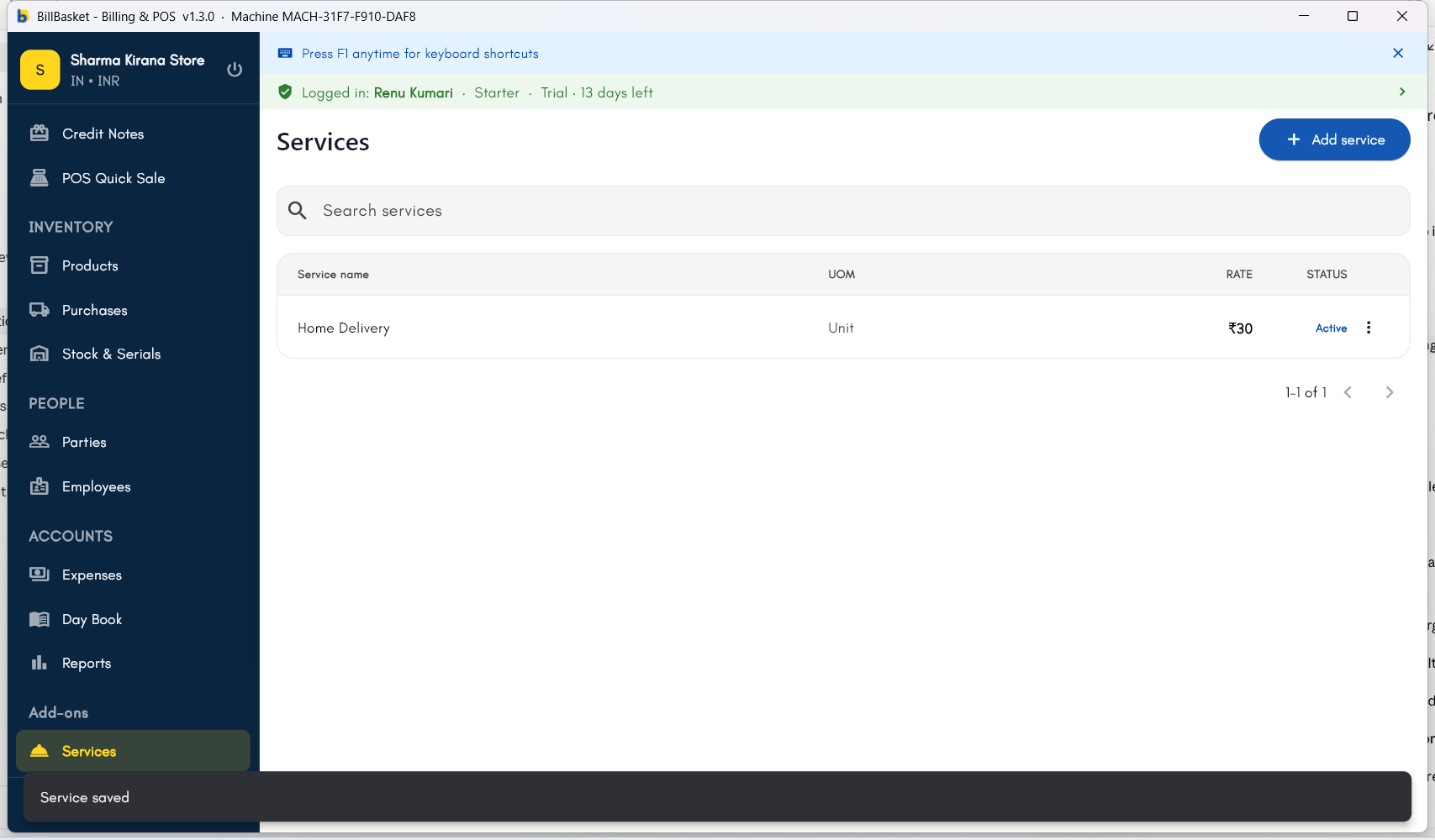 Services list showing a newly saved service with UOM, rate, and Active status