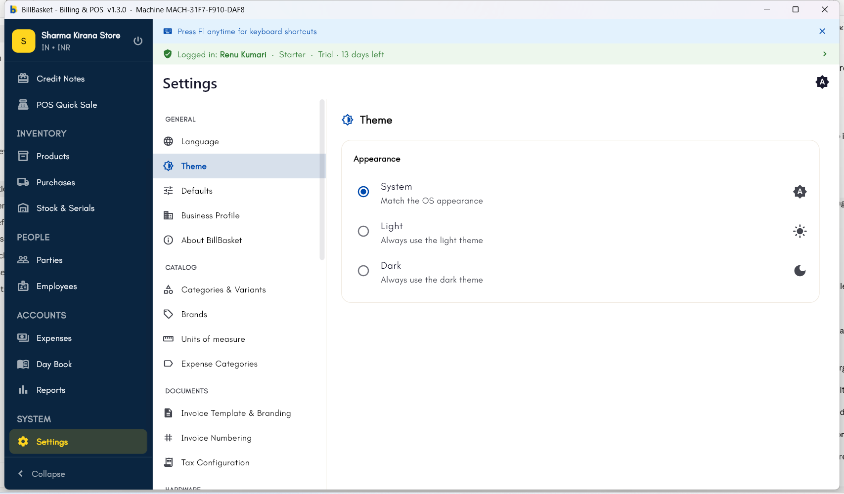 Settings Theme page with System, Light, and Dark appearance options