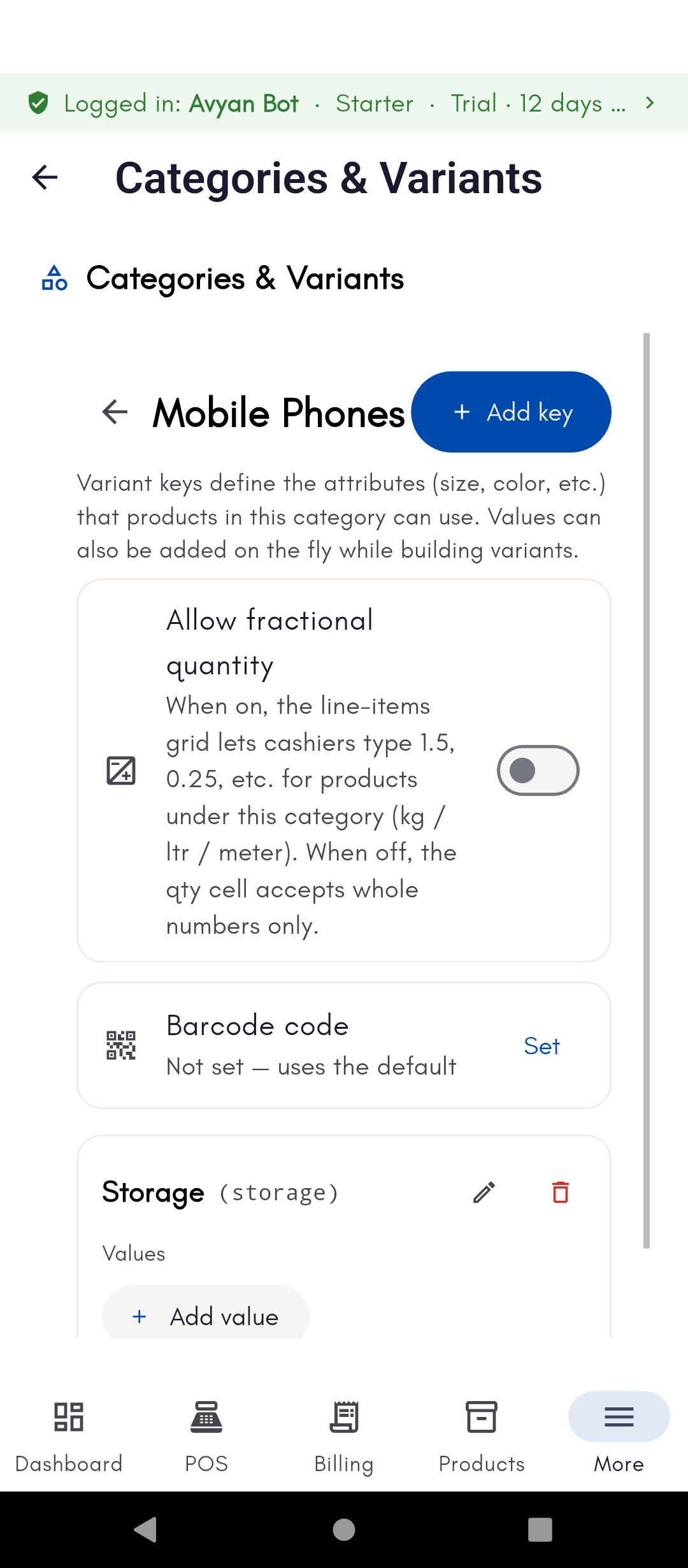 Category detail screen showing the fractional quantity toggle, barcode code, and a variant key