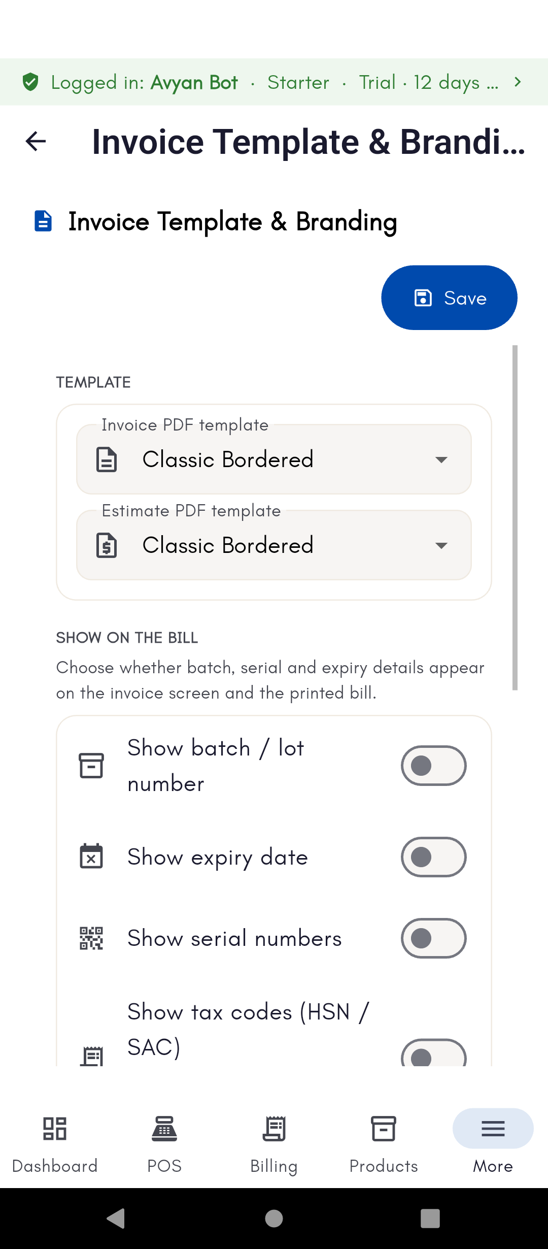 Invoice Template & Branding settings on phone showing PDF template pickers and Show on the bill toggles