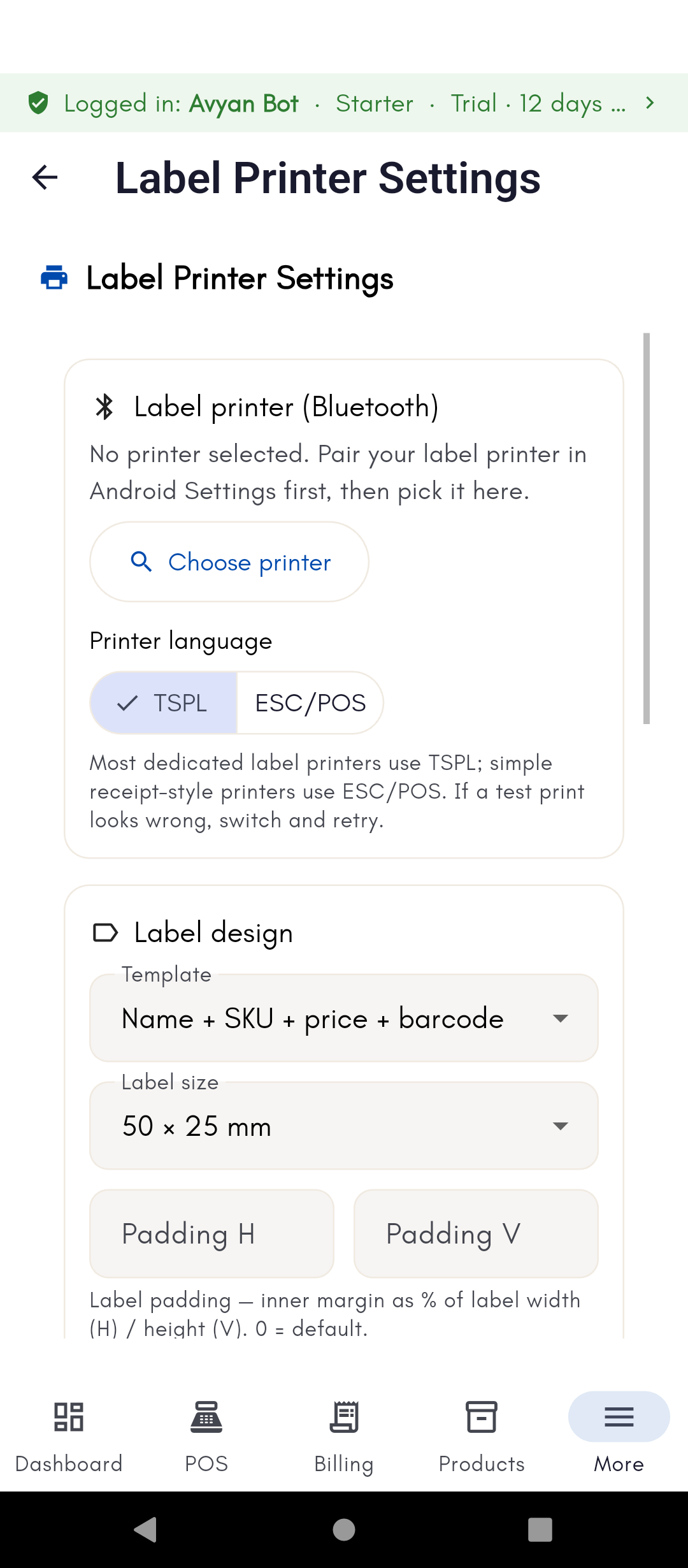 Label Printer Settings on phone with Bluetooth printer picker and printer language toggle