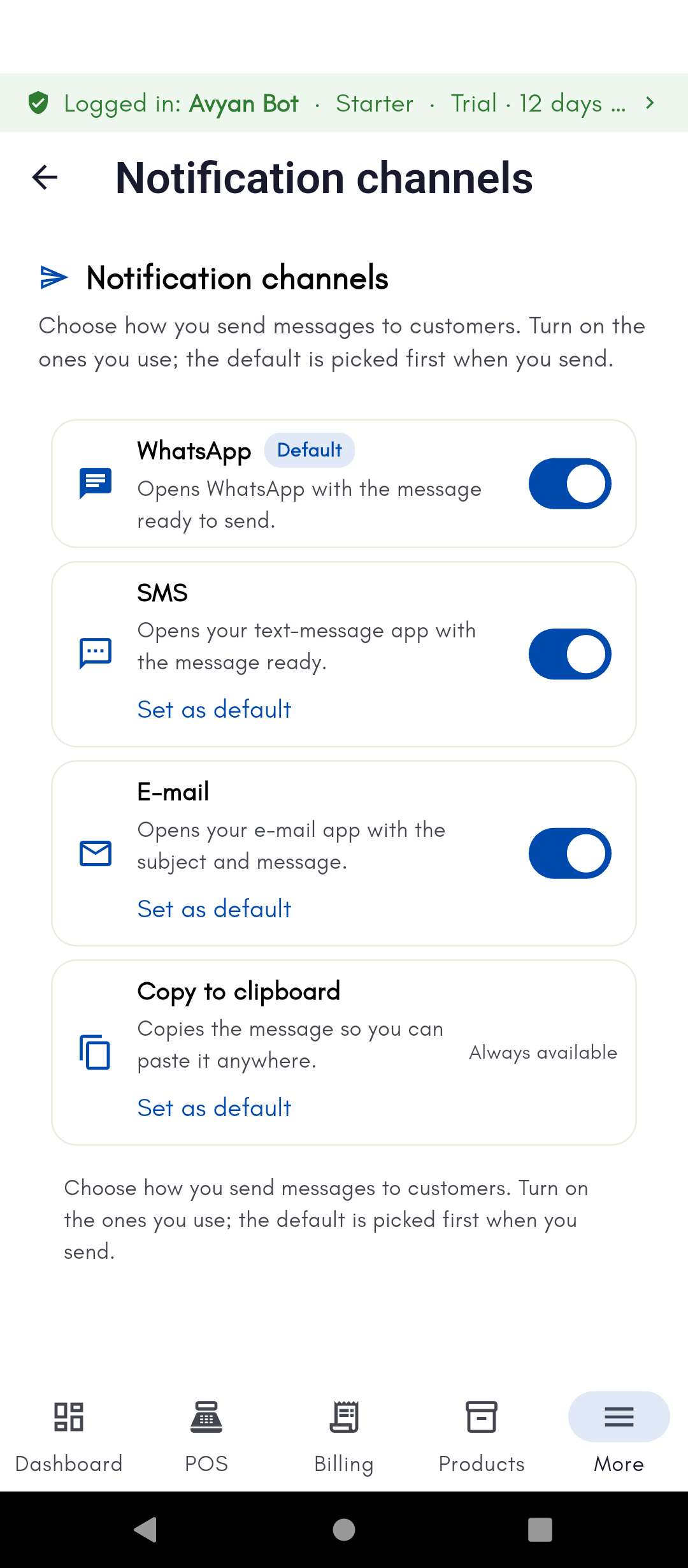 Notification channels page on phone with WhatsApp, SMS, and E-mail toggled on and WhatsApp marked as default