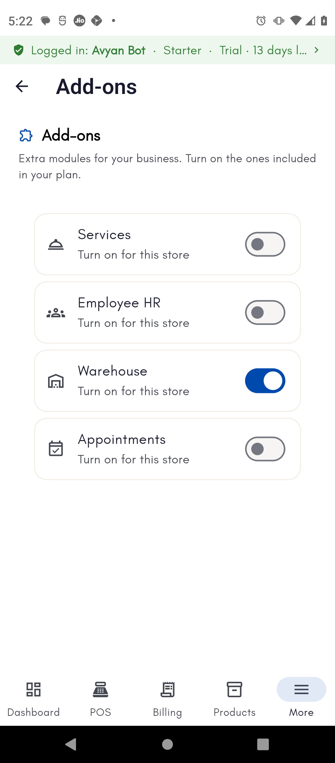 Warehouse add-on toggled on in Settings