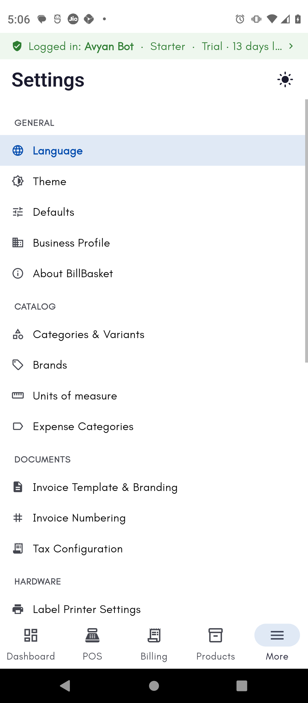 Settings menu on Android
