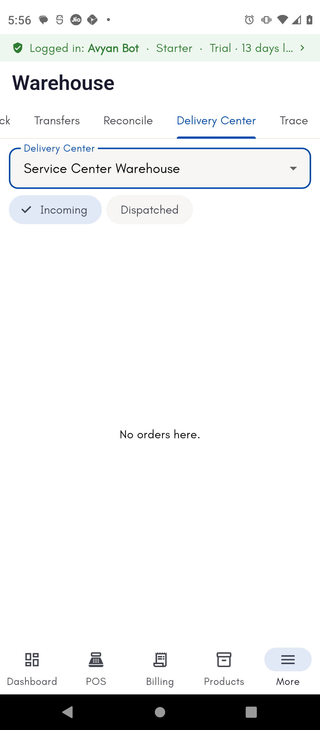 Delivery Center screen with a warehouse picked and Incoming/Dispatched filter