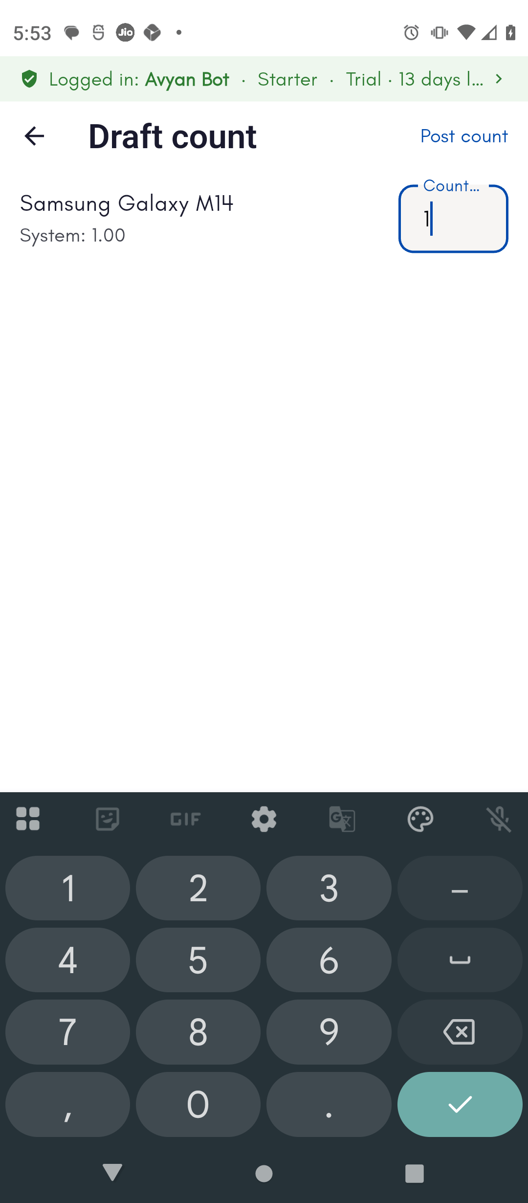 Draft count with the counted quantity entered, matching the system total