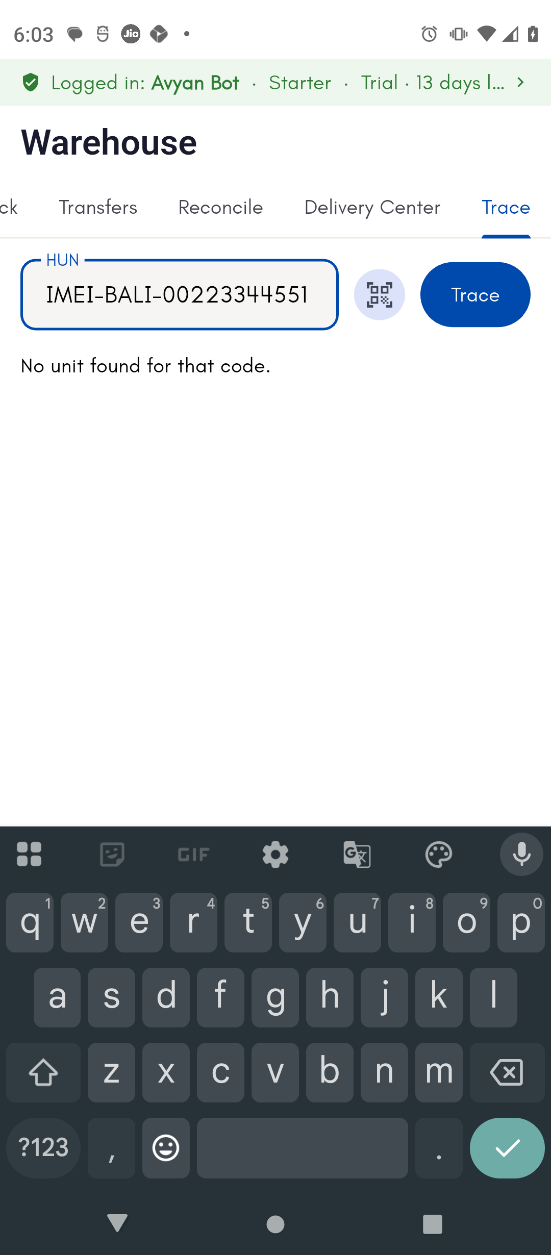 Trace tab with a serial number entered in the HUN search field