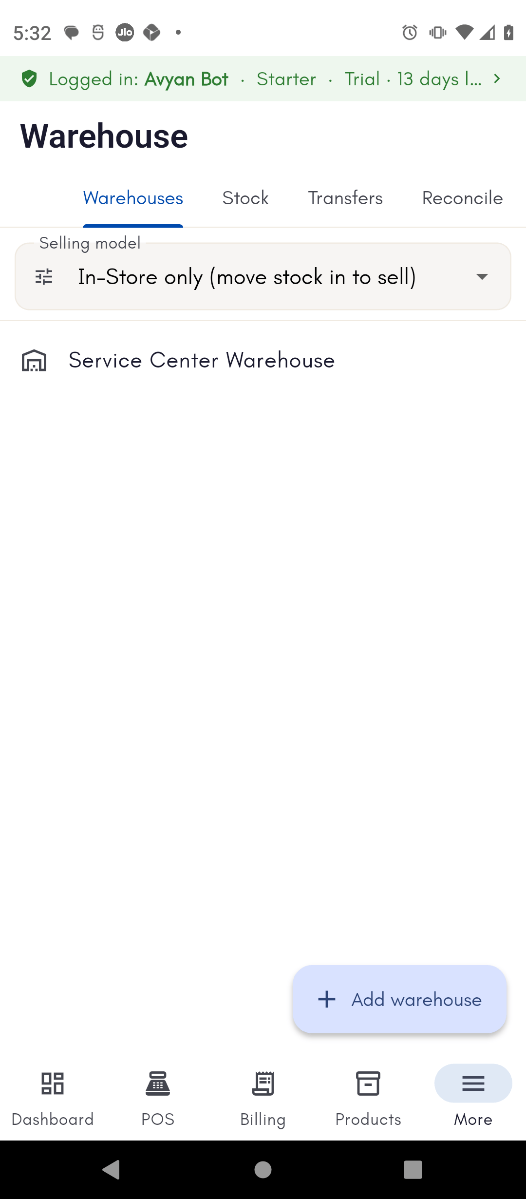Service Center Warehouse added to the Warehouses list