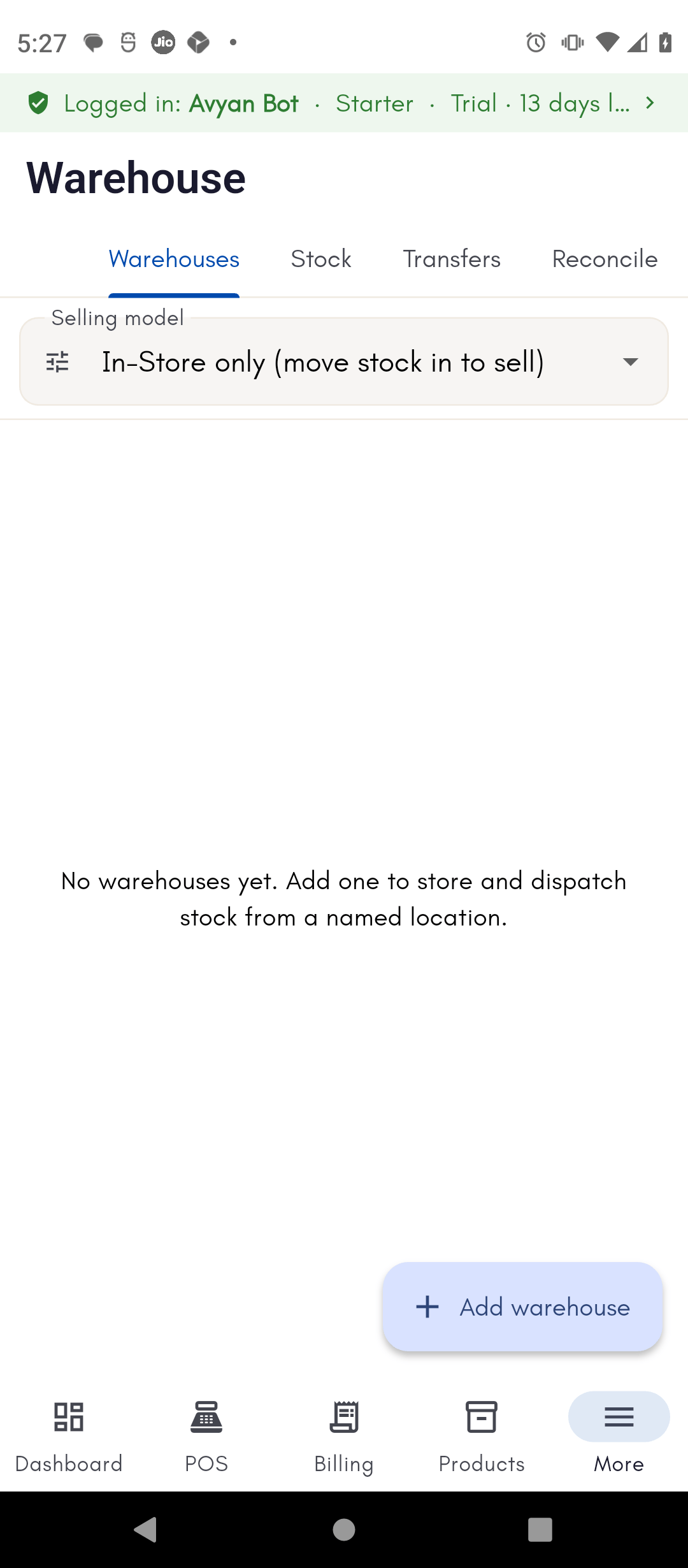 Warehouse module with Warehouses, Stock, Transfers, and Reconcile tabs