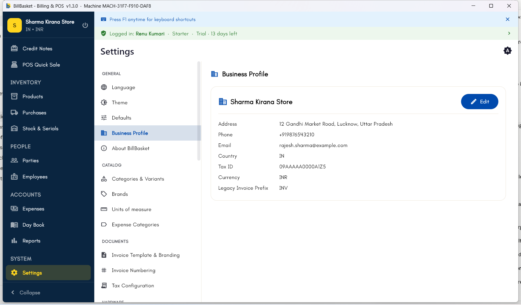 Business Profile settings showing saved business name, address, phone, and tax ID