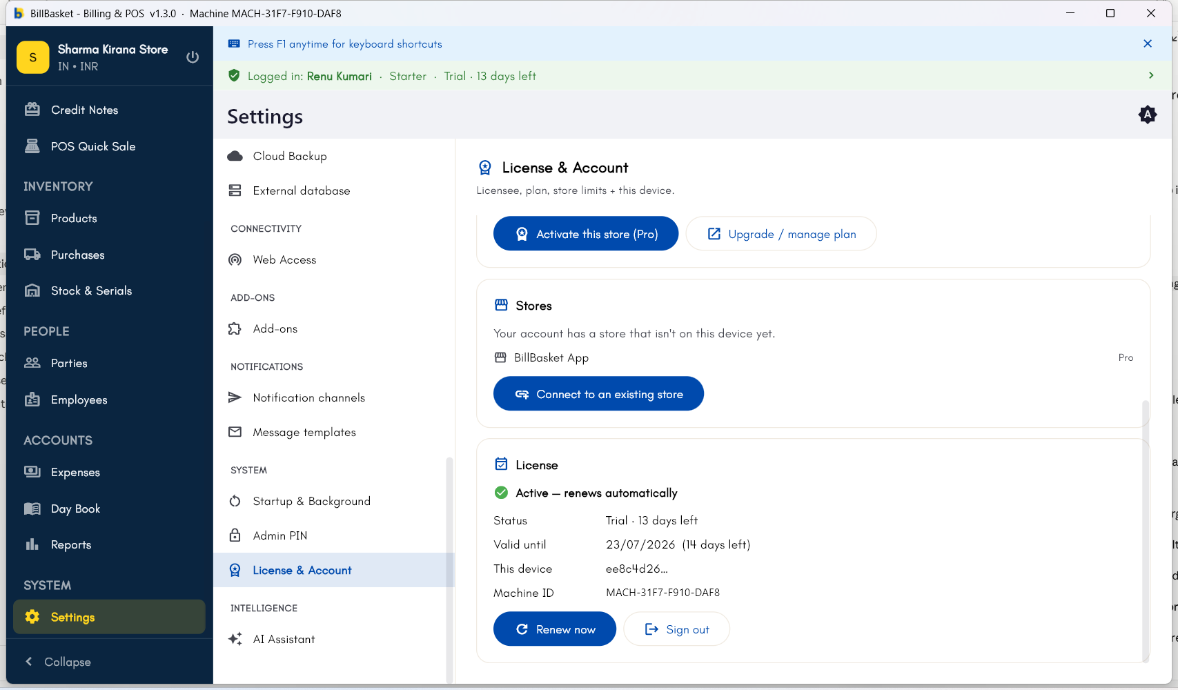 License & Account settings showing Stores and this device's License details with Sign out button