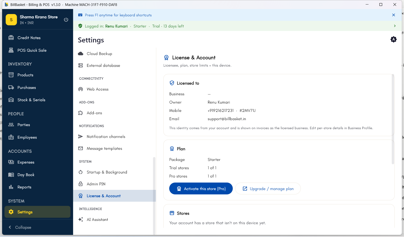 License & Account settings showing Licensed to details and Plan usage with Activate/Upgrade buttons